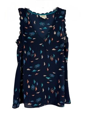 Anthropologie Maeve Navy Blue Turtle Print Scalloped Tank Top Size 0 Sleeveless